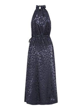 Karmamia Layla Halter Midi Dress Navy Leopard Jacquard Tie Waist Size S/M
